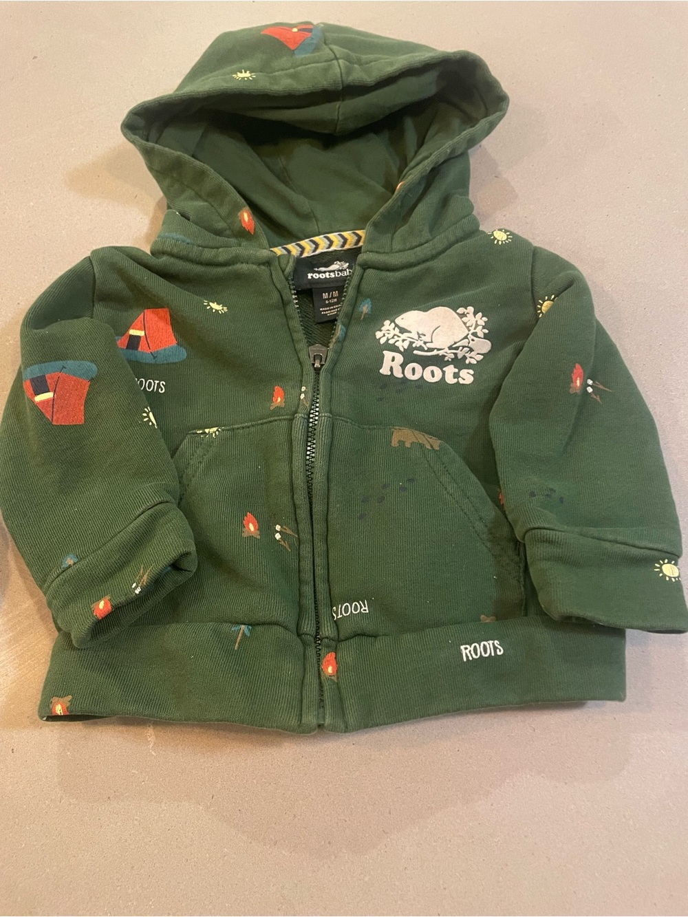 Roots baby Forest Green Zip Hoodie with Camping Motif